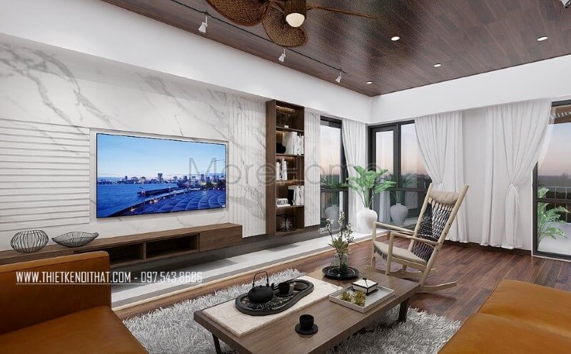 Bố trí nội thất phòng khách đẹp cho biệt thự, nhà phố với đá ốp tường vân mấy trang trí đẹp mắt, sang trọng. Thiết kế nội thất