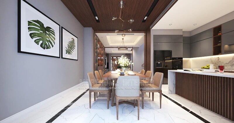 Bố trí nội thất phòng ăn liền bếp hiện đại đẹp sang trọng cho nhà phố, biệt thự tại Vinh, Nghệ An. Thiết kế nội thất