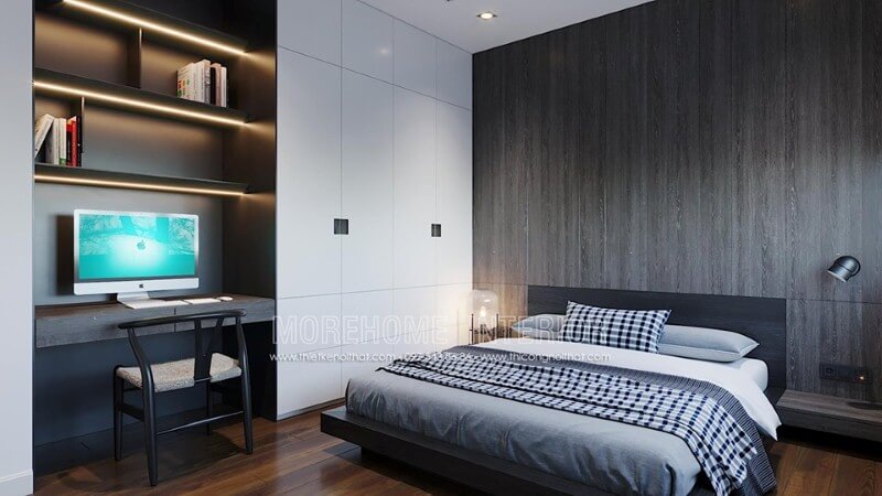 Góc học tập thiết kế liền kề phòng ngủ giúp không gian con trở nên rộng rãi, thông thoáng. Thiết kế nội thất