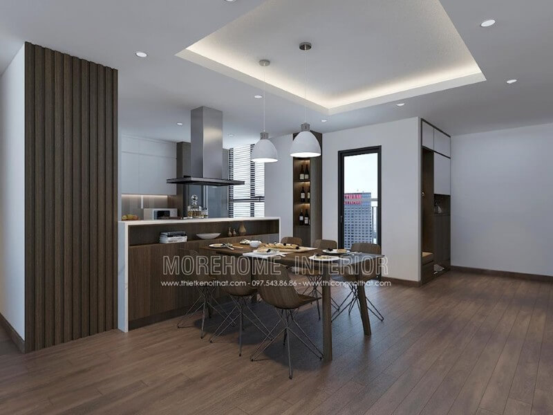 Phòng khách liên kết trực tiếp với khu vực ăn uống, tạo không gian mở và sự thông thoáng cho căn chung cư Thiết kế nội thất