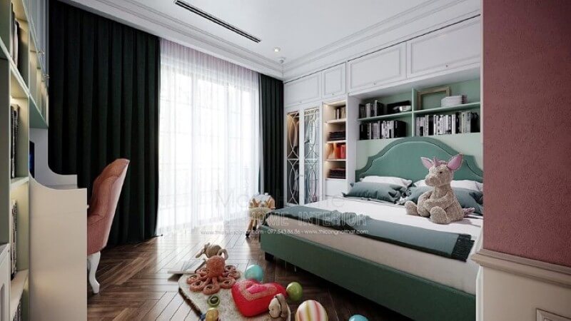 Giường ngủ bọc nệm xanh độc đáo cho phòng ngủ bé gái. Thiết kế nội thất