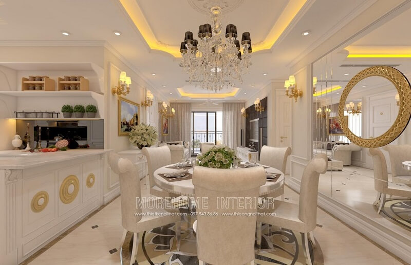 Mẫu bàn ăntân cổ điển với thiết kế ấn tượng mặt bàn kính hình tròn kết hợp mẫu ghế ăn tân cổ điển bọc da cao cấp tạo điểm nhấn nổi bật cho căn phòng Thiết kế nội thất