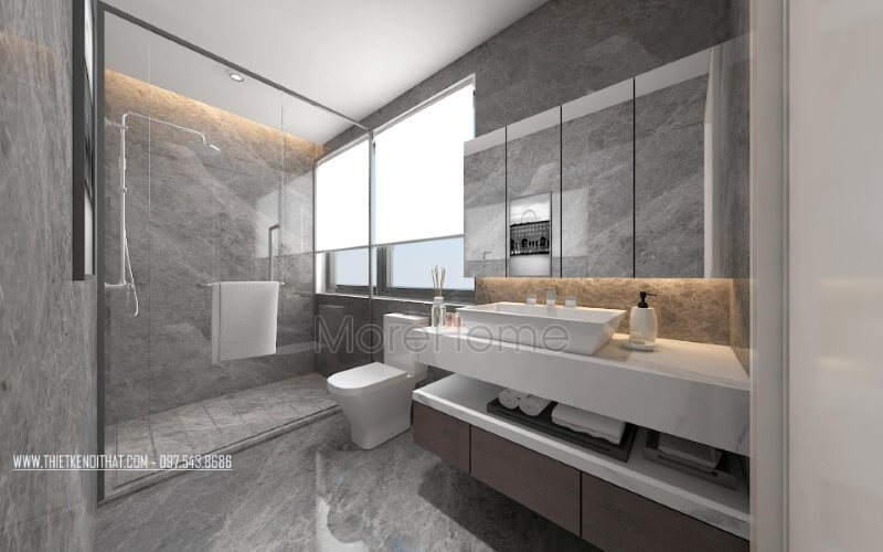 Vách tắm kính cửa trượt cùng cửa sổ lớn được bố trí trong không gian hiện đại đầy đủ tiện nghi tạo nên phòng tắm đẹp, sang trọng cho biệt thự, nhà phố. Thiết kế nội thất