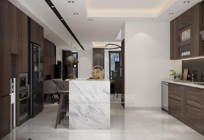 Sắp xếp phòng bếp đẹp ấn tượng từ phong cách hiện đại sang trọng. Thiết kế nội thất