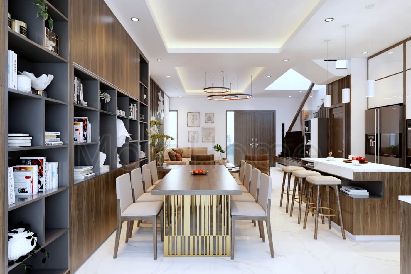 Thiết kế nội thất phòng ăn thông bếp lựa chọn chất liệu gỗ veneer óc chó cao cấp Thiết kế nội thất