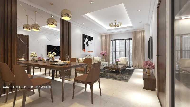 Liền kề với phòng khách là không gian uống ấm cúng được KTS thiết kế với mẫu bàn ăn hiện đại 6 người ngồi Thiết kế nội thất