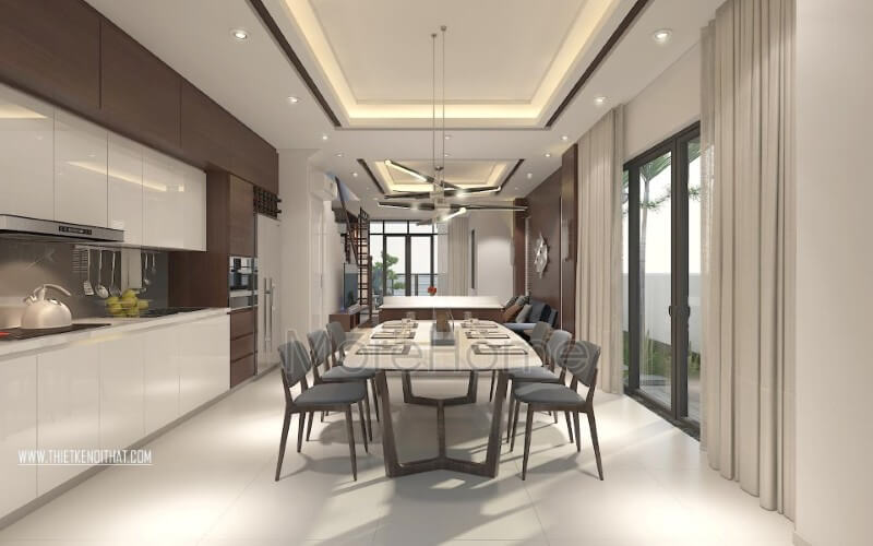 Nội thất phòng ăn biệt thự hiện đại độc đáo này mang đến sự tươi mới cho gia đình bạn. Nếu đang có ý định sở hữu cho mình phòng ăn liền bếp đẹp mê ly thì đừng bỏ qua mẫu thiết kế này nhé Thiết kế nội thất