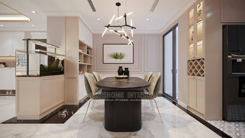 Không gian tận hưởng bữa cơm gia đình được thiết kế lãng mạn với bộ bàn ghế hiện đại, ghế làm bằng nệm nỉ khung sắt chắc chắn và êm ái Thiết kế nội thất