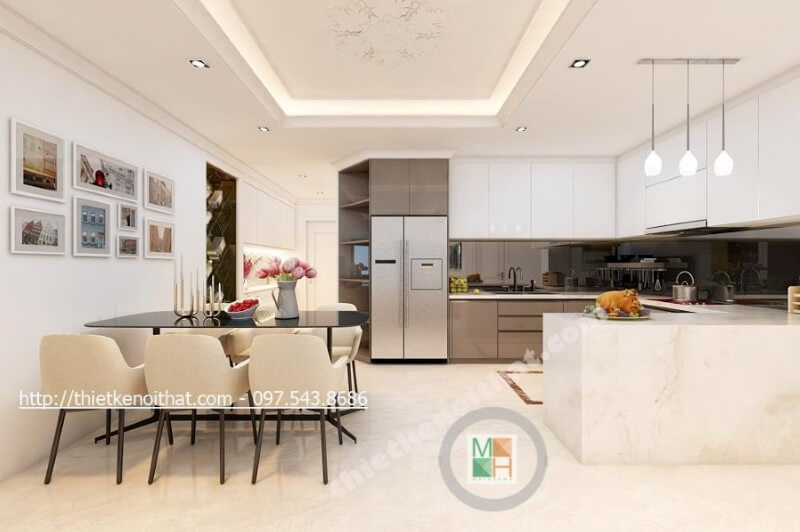 Nội thất phòng ăn chung cư liền kề với không gian nhà bếp, giúp cho quá trình nấu nướng tới dùng bữa nhanh chóng hơn Thiết kế nội thất