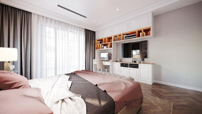 Bàn học liền kệ trang trí, kệ tivi, tủ đựng đồ tạo không gian đẹp, liền mạch, tối giản diện tích nhưng lại đảm bảo công năng hiệu quả cho phòng trẻ em. Thiết kế nội thất