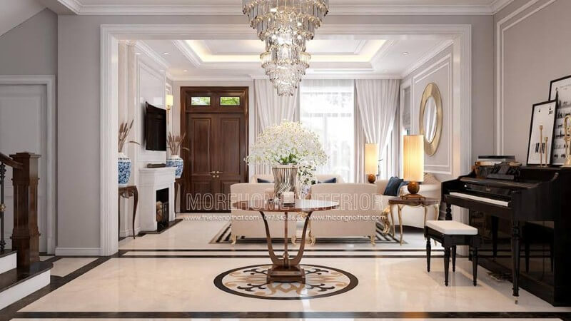 Thiết kế nội thất phòng khách tân cổ điển có đàn piano đẹp, sang trọng tại biệt thự Palm Garden. Thiết kế nội thất