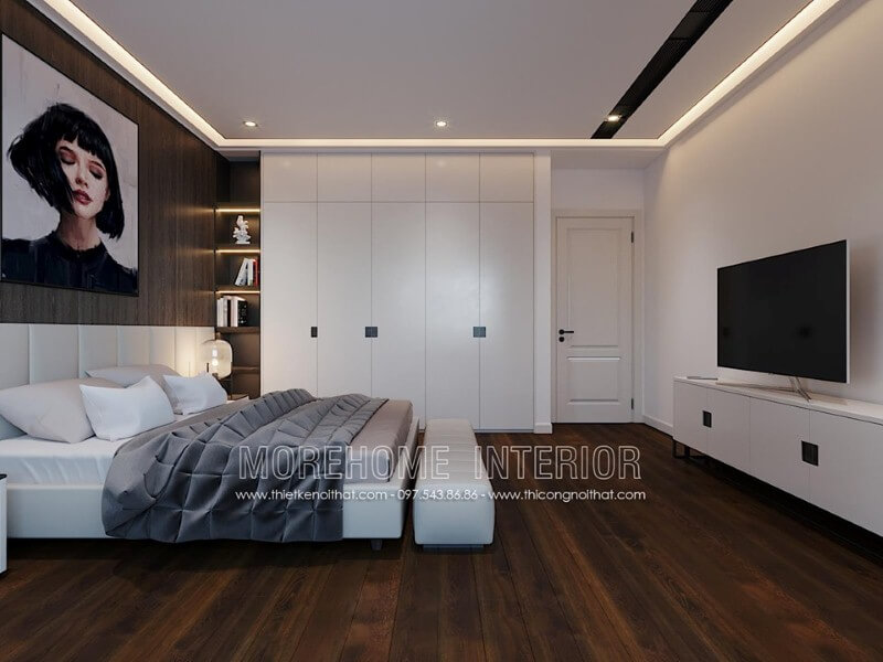 Ánh sáng được trang trí đơn giản với đèn âm trần nhưng lại tạo nét đẹp sang trọng độc đáo cho phòng ngủ hiện đại. Thiết kế nội thất