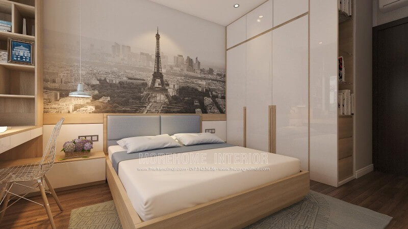 Giường bọc nệm hiện đại, tủ quần áo gỗ công nghiệp tối giản, đèn thả cùng tab đầu giường làm kệ đã tạo nên ý tưởng thiết kế nội thất phòng ngủ đẹp, hiện đại nhưng đầy tiện ghi. thiết kế biệt thự