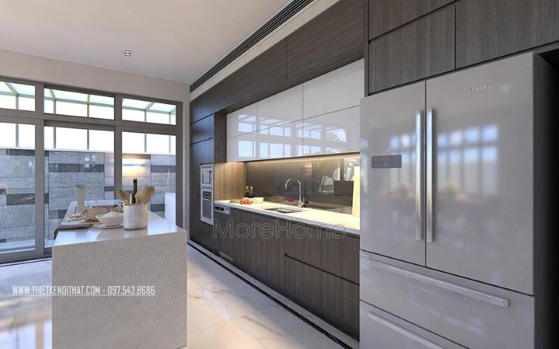 Thiết kế nội thất phòng bếp hiện đại, sang trọng từ tủ bếp gỗ công nghiệp acrylic đồng màu cùng đá ốp cao cấp. thiết kế biệt thự