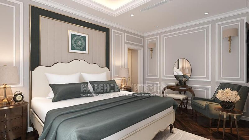 Giường ngủ gỗ tự nhiên kết hợp cùng nệm ốp đầu giường viền kim loại mạ vàng đã tạo nên vẻ đẹp sang trọng, quý phái cho phòng ngủ tân cổ điển cao cấp. thiết kế biệt thự