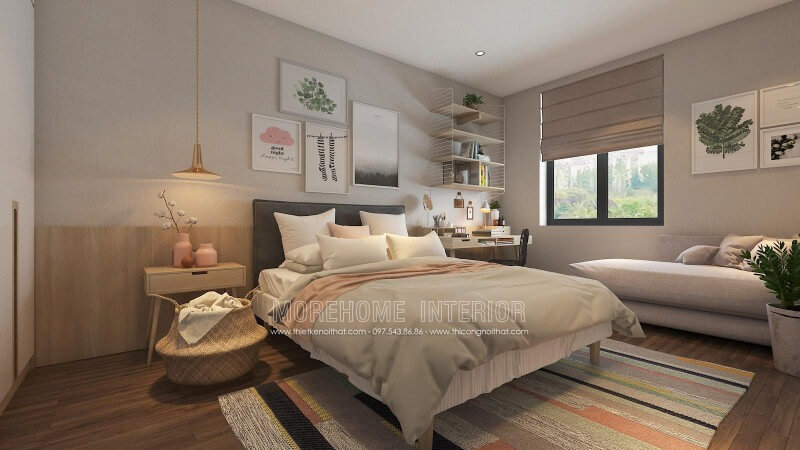 Bố trí phòng ngủ ấn tượng với cách trang trí độc đáo từ những mảng lớn đơn sắc kết hợp cùng họa tiết điểm nhấn tạo nên nét đẹp sinh động, trẻ trung cho không gian. thiết kế biệt thự