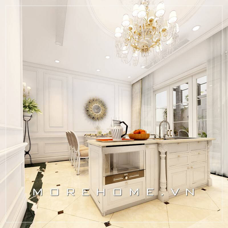 Mẫu bàn đảo bếp gỗ tân cổ điển, mặt bàn ốp đá trắng vân mây cao cấp tạo không gian tiện nghi cho người đầu bếp Thiết kế nội thất