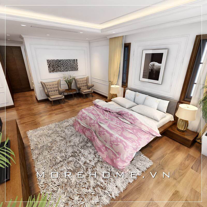 Mẫu thiết kế nội thất phòng ngủ ông bà tại biệt thự cao cấp với nội thất màu nâu trầm kết hợp với đồ decor trang trí tạo cho không gian thêm phần thoải mái Thiết kế nội thất