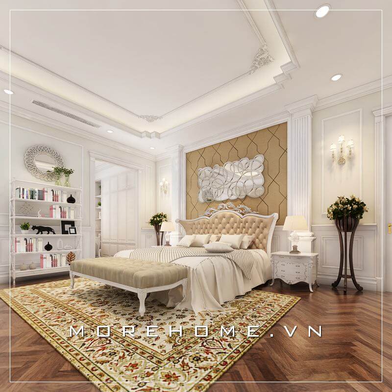 Giường ngủ chung cư với chất liệu gỗ tự nhiên nhập khẩu phun sơn trắng tinh tế, sang trọng Thiết kế nội thất