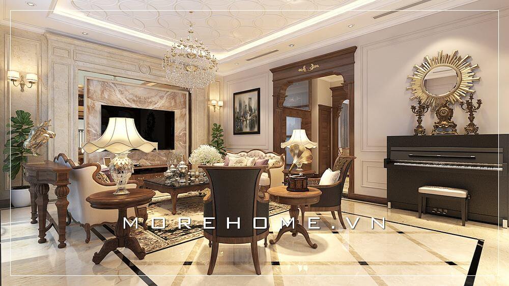 Phòng khách biệt thự sang trọng với mẫu sofa đơn ấn tượng bằng gỗ óc chó tự nhiên với thiết kế tân cổ điển tạo không gian sang trọng, thư giãn, trò chuyện Thiết kế nội thất