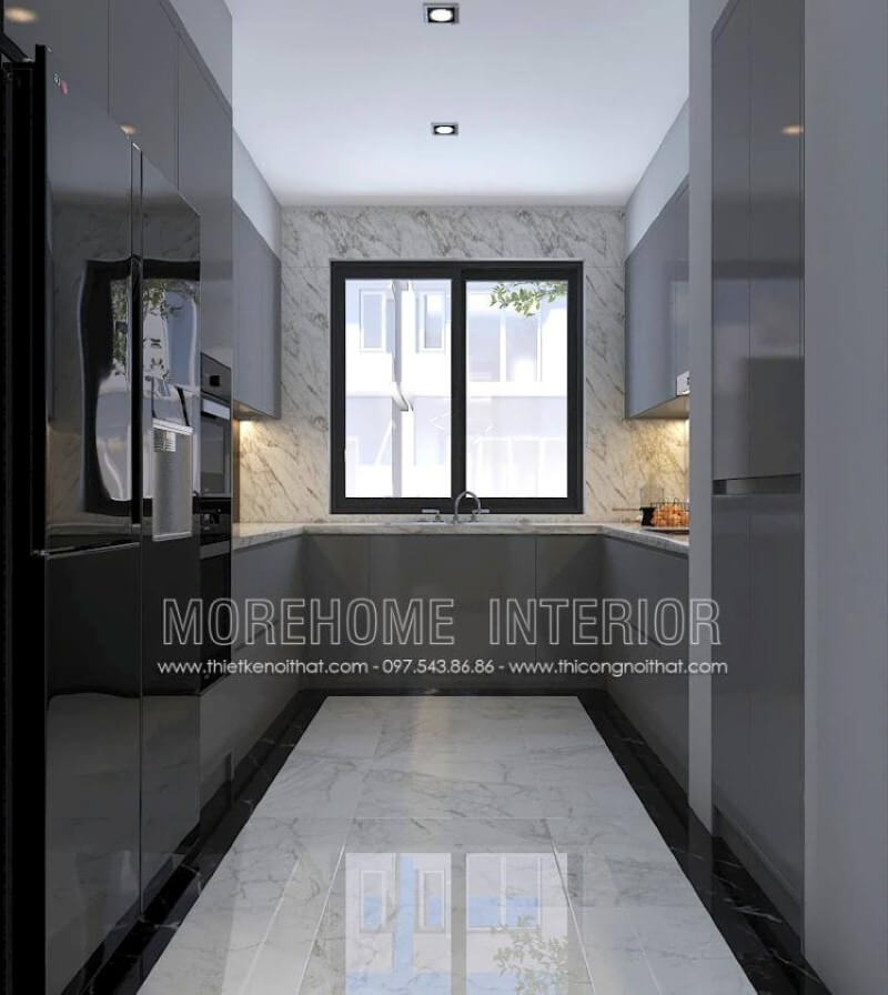 Xu hướng bố trí nội thất phòng bếp sử dụng gỗ công nghiệp acrylic màu xám cùng mảng tường lớn được trang trí bởi đá nhân tạo có vân là điểm nhấn đáng chú ý để bạn có thể rút ngắn thời gian vệ sinh phòng bếp mà vẫn giữ nguyên vẹn vẻ đẹp như ban đầu. Thiết kế nội thất