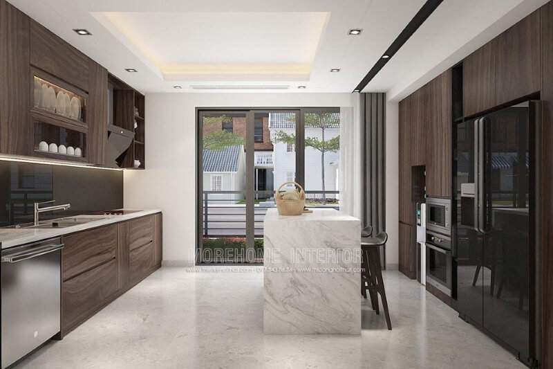 Trang trí phòng bếp ấn tượng với ý tưởng tận dụng tối đa nguồn sáng nhưng không ảnh hưởng phong thủy. Thiết kế nội thất