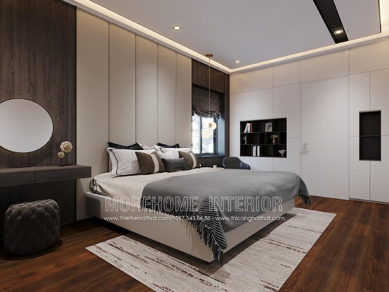 Phòng ngủ đẹp với nội thất gỗ óc chó từ sàn, tấm ốp tường. Thiết kế nội thất