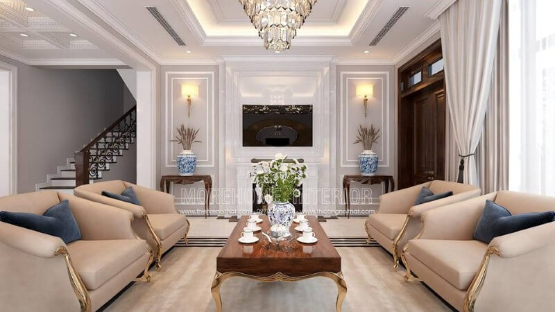 Thiết kế nội thất phòng khách tân cổ điển đẹp, sang trọng tại Palm Garden. Thiết kế nội thất