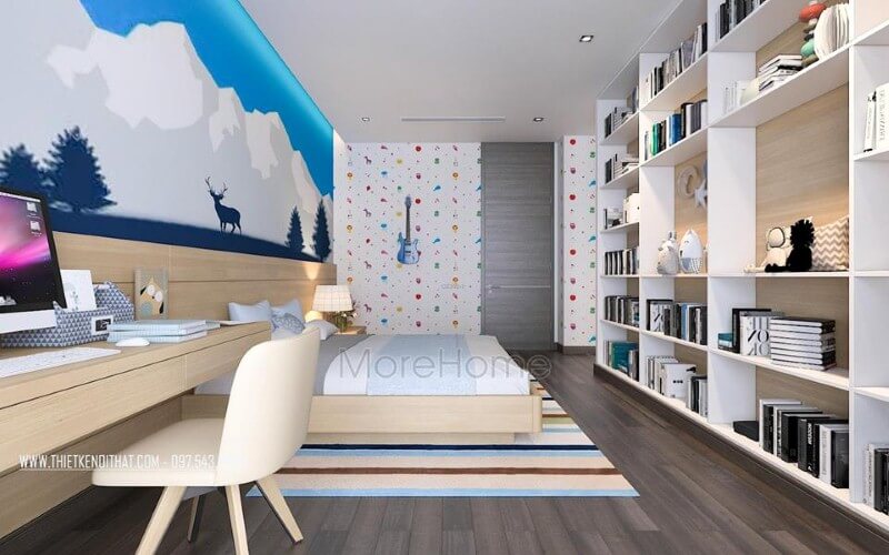 Thiết kế nội thất phòng ngủ bé trai đẹp, sinh động với tranh, giấy dán tường bắt mắt. Thiết kế nội thất